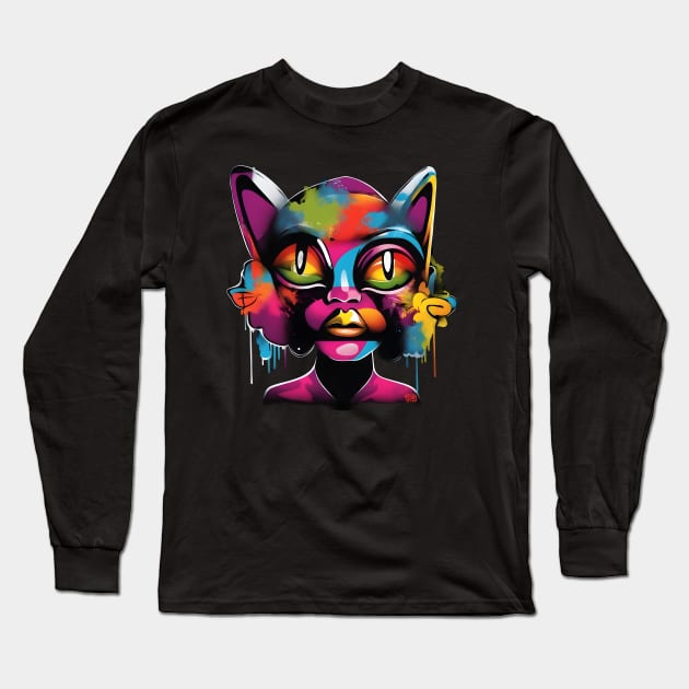 Colorful Graffiti Cat Girl Street Art Long Sleeve T-Shirt by Ravenglow